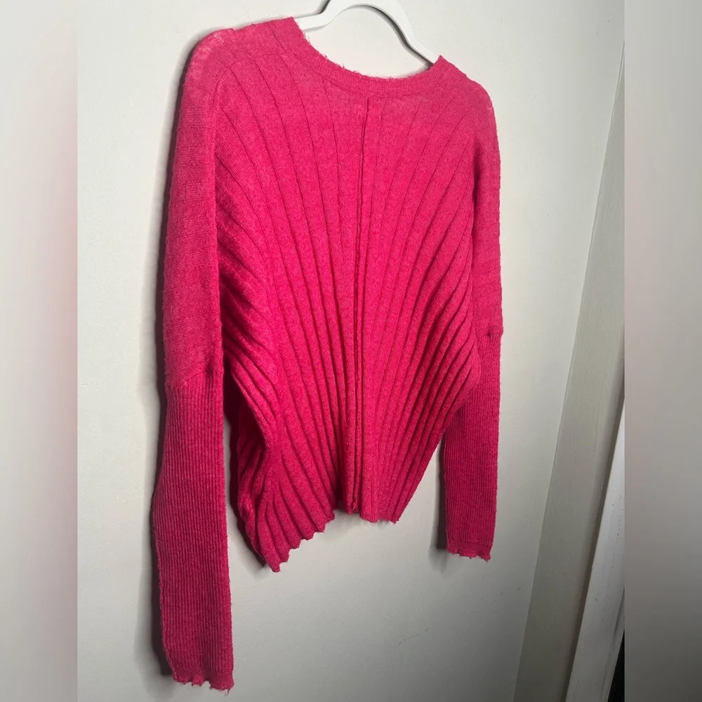 Anthropologie Pilcro Ribbed Light Wool Knit Sweater Pullover V-Neck Hot Pink S